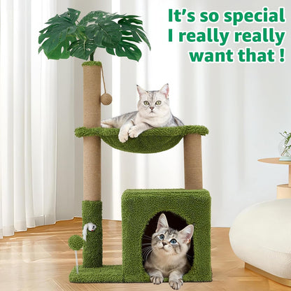 Palm Tree Cat Tree 37 Inch Scratching Post Tower Tropical Jungle Playground with Natural Jute Sisal Rope Cozy Plush Hammock Private Cave Condo Toy Mouse Stable Faux Grass Base