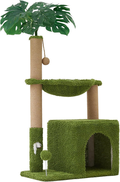 Palm Tree Cat Tree 37 Inch Scratching Post Tower Tropical Jungle Playground with Natural Jute Sisal Rope Cozy Plush Hammock Private Cave Condo Toy Mouse Stable Faux Grass Base