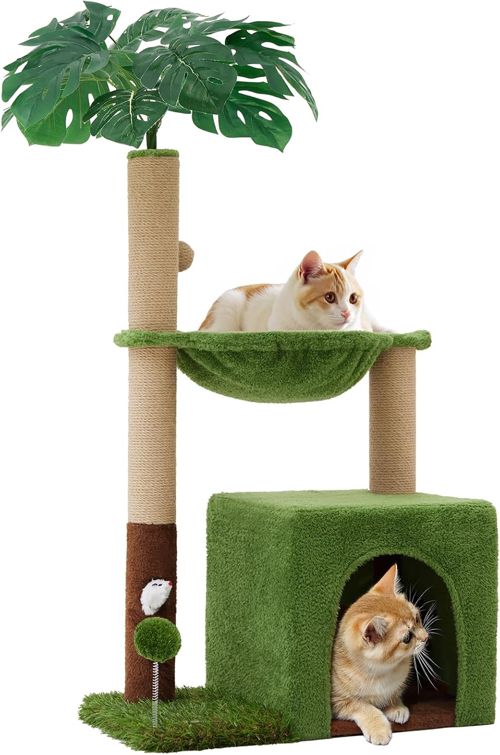 Palm Tree Cat Tree 37 Inch Scratching Post Tower Tropical Jungle Playground with Natural Jute Sisal Rope Cozy Plush Hammock Private Cave Condo Toy Mouse Stable Faux Grass Base
