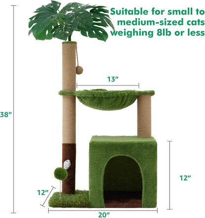 Palm Tree Cat Tree 37 Inch Scratching Post Tower Tropical Jungle Playground with Natural Jute Sisal Rope Cozy Plush Hammock Private Cave Condo Toy Mouse Stable Faux Grass Base
