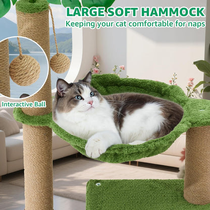 Palm Tree Cat Tree 37 Inch Scratching Post Tower Tropical Jungle Playground with Natural Jute Sisal Rope Cozy Plush Hammock Private Cave Condo Toy Mouse Stable Faux Grass Base