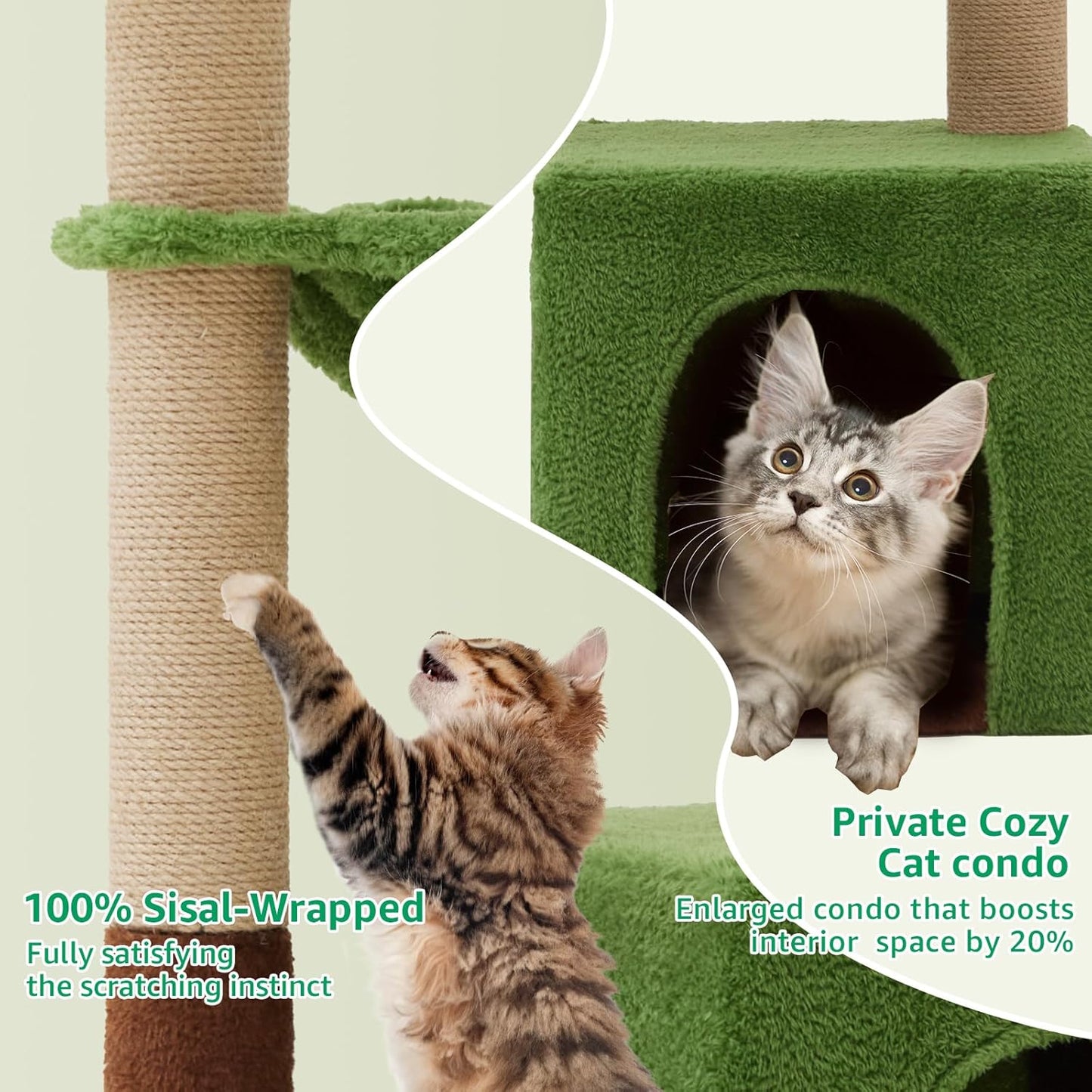Palm Tree Cat Tree 37 Inch Scratching Post Tower Tropical Jungle Playground with Natural Jute Sisal Rope Cozy Plush Hammock Private Cave Condo Toy Mouse Stable Faux Grass Base