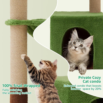 Palm Tree Cat Tree 37 Inch Scratching Post Tower Tropical Jungle Playground with Natural Jute Sisal Rope Cozy Plush Hammock Private Cave Condo Toy Mouse Stable Faux Grass Base