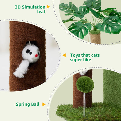 Palm Tree Cat Tree 37 Inch Scratching Post Tower Tropical Jungle Playground with Natural Jute Sisal Rope Cozy Plush Hammock Private Cave Condo Toy Mouse Stable Faux Grass Base