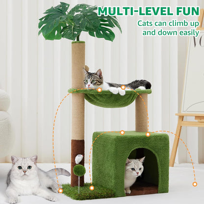 Palm Tree Cat Tree 37 Inch Scratching Post Tower Tropical Jungle Playground with Natural Jute Sisal Rope Cozy Plush Hammock Private Cave Condo Toy Mouse Stable Faux Grass Base