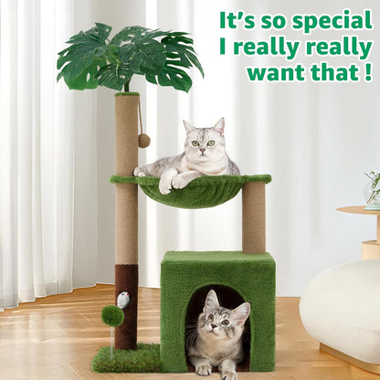 Palm Tree Cat Tree 37 Inch Scratching Post Tower Tropical Jungle Playground with Natural Jute Sisal Rope Cozy Plush Hammock Private Cave Condo Toy Mouse Stable Faux Grass Base