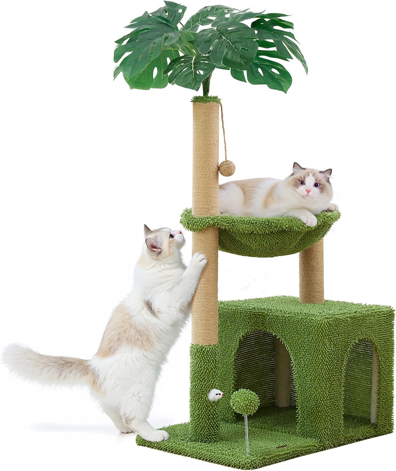 Palm Tree Cat Tree 37 Inch Scratching Post Tower Tropical Jungle Playground with Natural Jute Sisal Rope Cozy Plush Hammock Private Cave Condo Toy Mouse Stable Faux Grass Base