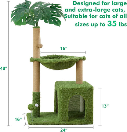Palm Tree Cat Tree 37 Inch Scratching Post Tower Tropical Jungle Playground with Natural Jute Sisal Rope Cozy Plush Hammock Private Cave Condo Toy Mouse Stable Faux Grass Base
