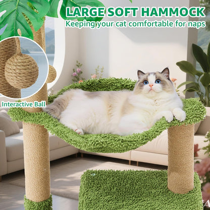 Palm Tree Cat Tree 37 Inch Scratching Post Tower Tropical Jungle Playground with Natural Jute Sisal Rope Cozy Plush Hammock Private Cave Condo Toy Mouse Stable Faux Grass Base