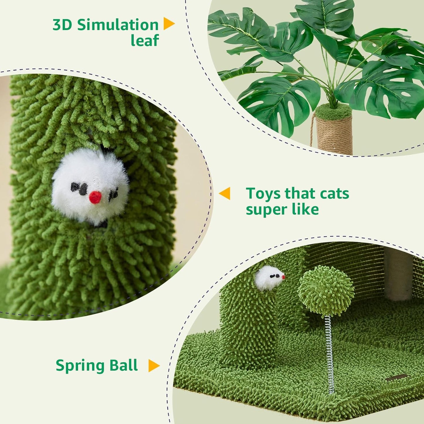 Palm Tree Cat Tree 37 Inch Scratching Post Tower Tropical Jungle Playground with Natural Jute Sisal Rope Cozy Plush Hammock Private Cave Condo Toy Mouse Stable Faux Grass Base