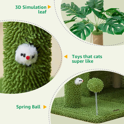 Palm Tree Cat Tree 37 Inch Scratching Post Tower Tropical Jungle Playground with Natural Jute Sisal Rope Cozy Plush Hammock Private Cave Condo Toy Mouse Stable Faux Grass Base