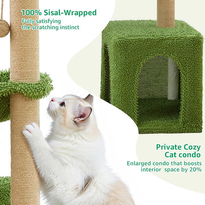 Palm Tree Cat Tree 37 Inch Scratching Post Tower Tropical Jungle Playground with Natural Jute Sisal Rope Cozy Plush Hammock Private Cave Condo Toy Mouse Stable Faux Grass Base