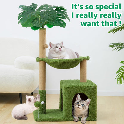 Palm Tree Cat Tree 37 Inch Scratching Post Tower Tropical Jungle Playground with Natural Jute Sisal Rope Cozy Plush Hammock Private Cave Condo Toy Mouse Stable Faux Grass Base