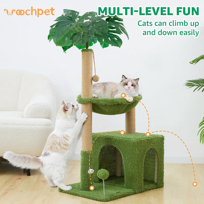 Palm Tree Cat Tree 37 Inch Scratching Post Tower Tropical Jungle Playground with Natural Jute Sisal Rope Cozy Plush Hammock Private Cave Condo Toy Mouse Stable Faux Grass Base