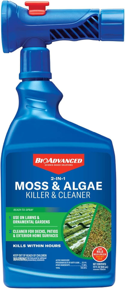 2-in-1 Moss and Algae Killer for Lawns, Moss Killer for Roofs, Patios, Decks, and Deck Cleaner, 32 oz
