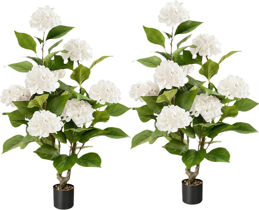 2pcs Artificial Hydrangea Artificial Trees 3ft Faux Hydrangeas Flower Tree with Pot for Front Porch Planters Decoration Outdoor Fake Silk Floral Plant for Home Patio Entrance Decor Indoor, White