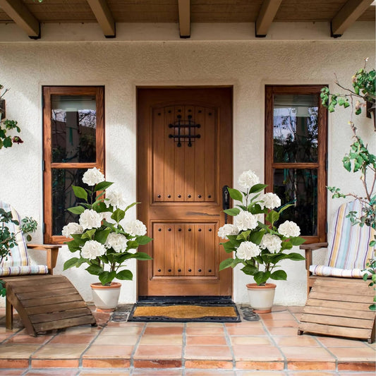 2pcs Artificial Hydrangea Artificial Trees 3ft Faux Hydrangeas Flower Tree with Pot for Front Porch Planters Decoration Outdoor Fake Silk Floral Plant for Home Patio Entrance Decor Indoor, White