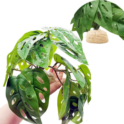 Fake Reptile Plants for Terrarium,Habitat Decor,Artificial Plant | Reptile Terrarium Decor,Fake Plants with Base for Bearded Dragon Gecko Tortoise Snake Tank Accessories-Monstera