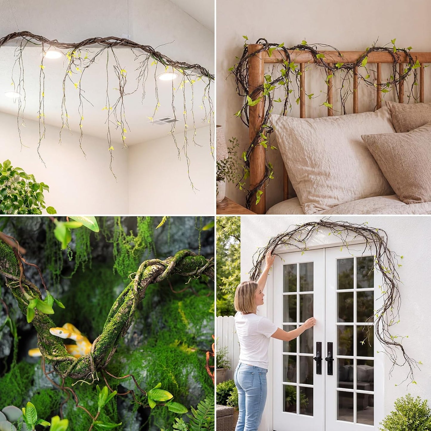 4 Pcs 71in Artificial Bendable Tree Branches Wall Hanging Fake Trunk Garland Twigs Halloween Cherry Tree Branches Rattan Liana Cane Vine for Front Door Reptile Habitat Wedding (Leafy)