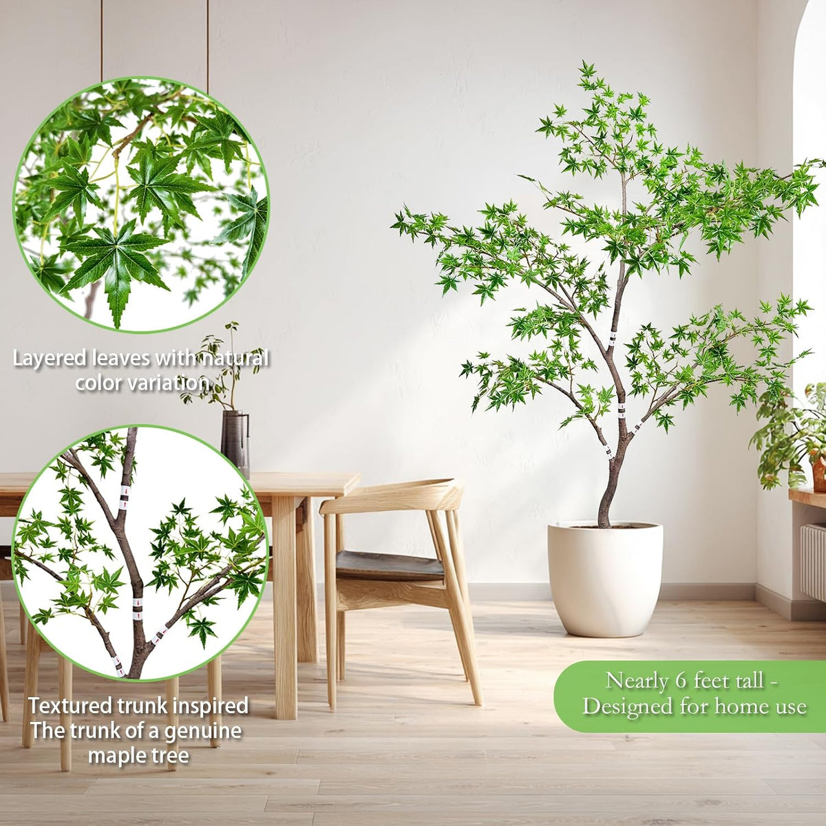 Artificial Maple Tree, 6 Feet Tall, Green Foliage, Potted Faux Plant for Indoor Outdoor Decor (Green)