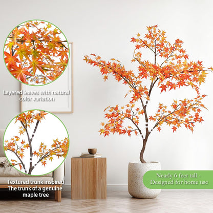Artificial Maple Tree, 6 Feet Tall, Green Foliage, Potted Faux Plant for Indoor Outdoor Decor (Green)