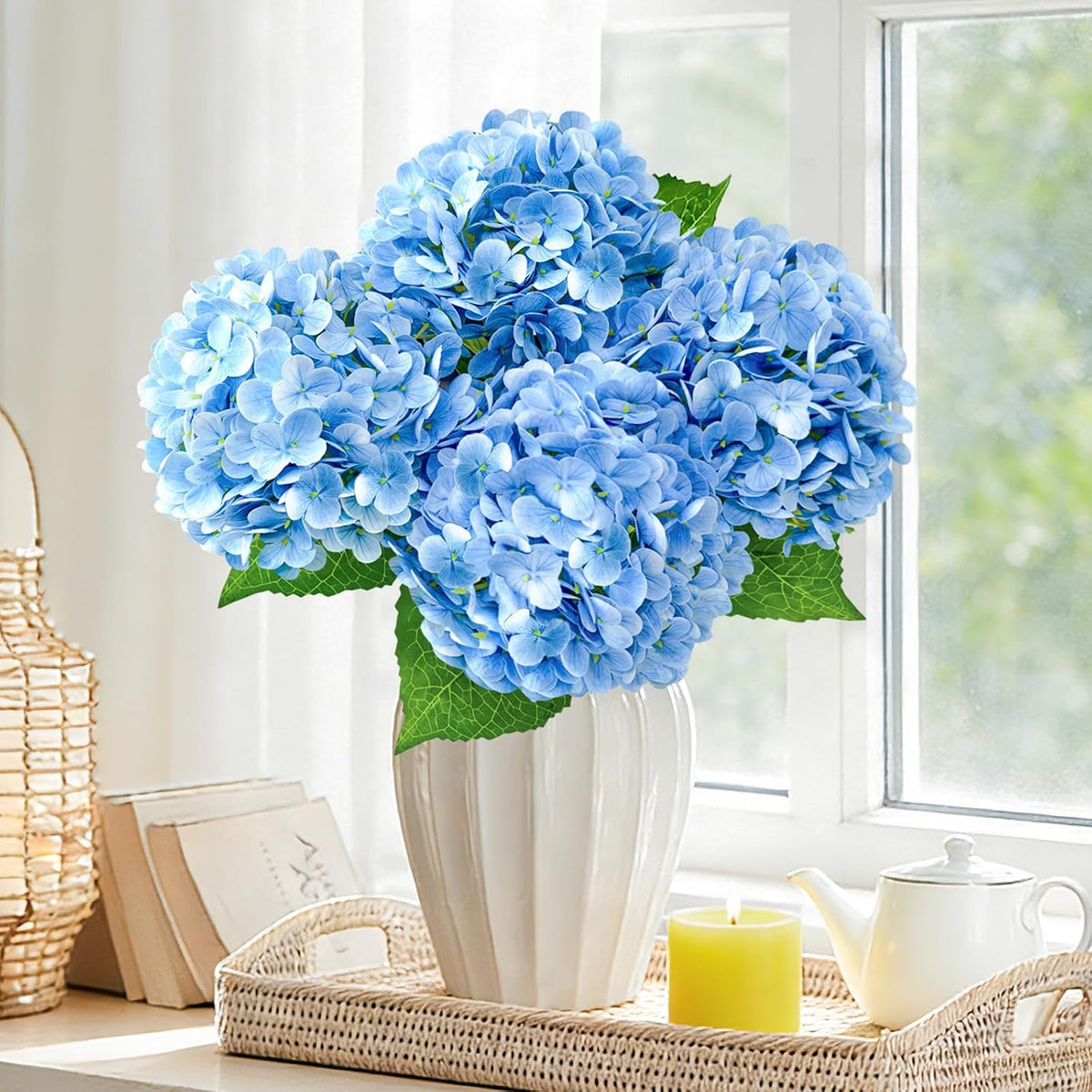 21" Real Touch Blue Hydrangea Artificial Flowers with Stems, Fake Silk Flowers for Outdoors, Artificial Flowers for Home Decor Wedding Bouquets Centerpieces Vase