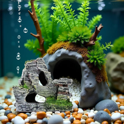 Artificial Moss Rock Aquarium Stone Cave – Resin Fish Tank Decor for Hiding and Landscaping, Small Mountain Terrain Ornament, Natural-Looking Habitat for Fish, Shrimp, and Reptiles, Decoration