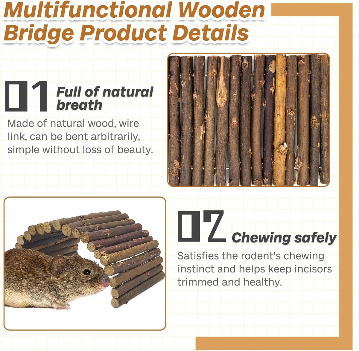 PIVBY Hamster Bridge Wooden Mouse Ladder Natural Rat Chew Rodents Toys for Chinchillas Guinea Pigs Hamster Mouse Rat Small Animal (2Pack)