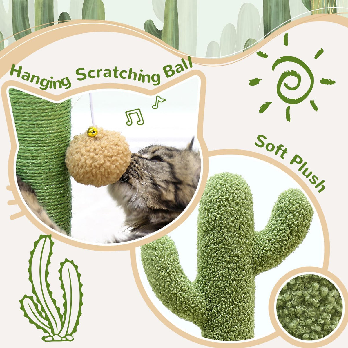 Globlzer 30in Cactus Cat Scratching Post for Indoor Cats, SC30, Green