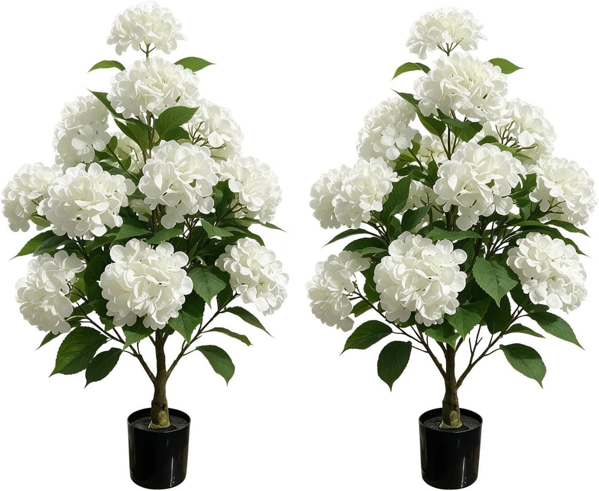 2 Pack 3FT White Artificial Hydrangea Tree, 12 Flower Heads Each, Real Touch Faux Silk Plant in Pot, UV Resistant for Indoor Outdoor Home Decor