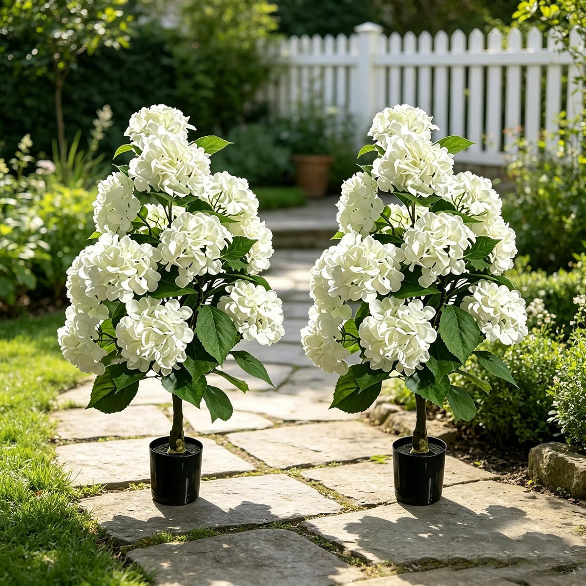 2 Pack 3FT White Artificial Hydrangea Tree, 12 Flower Heads Each, Real Touch Faux Silk Plant in Pot, UV Resistant for Indoor Outdoor Home Decor