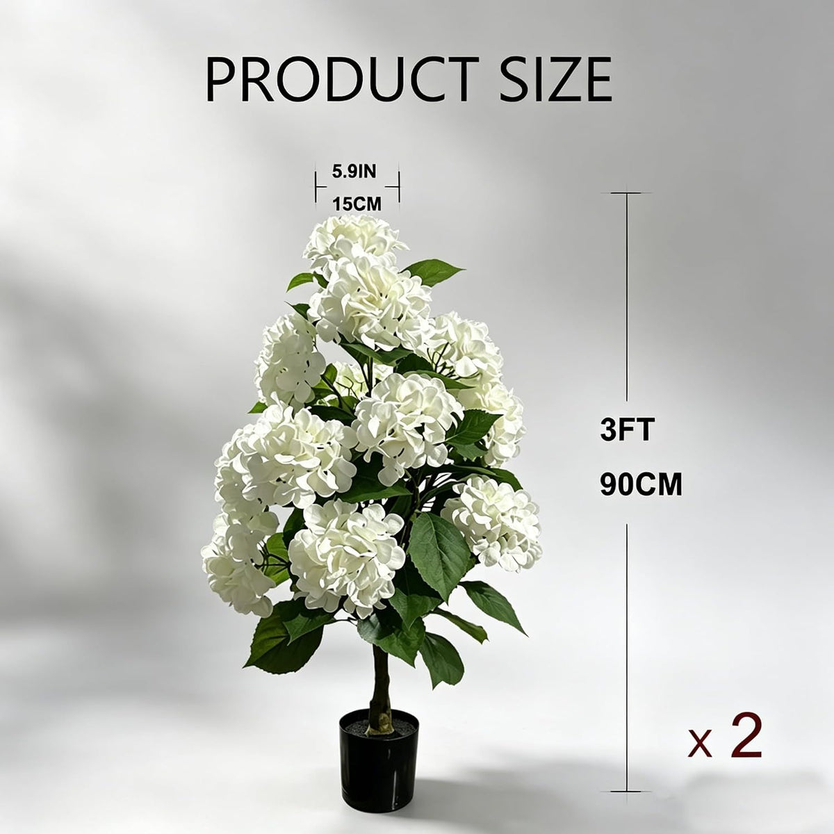 2 Pack 3FT White Artificial Hydrangea Tree, 12 Flower Heads Each, Real Touch Faux Silk Plant in Pot, UV Resistant for Indoor Outdoor Home Decor