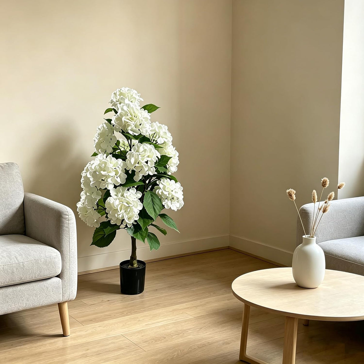 2 Pack 3FT White Artificial Hydrangea Tree, 12 Flower Heads Each, Real Touch Faux Silk Plant in Pot, UV Resistant for Indoor Outdoor Home Decor