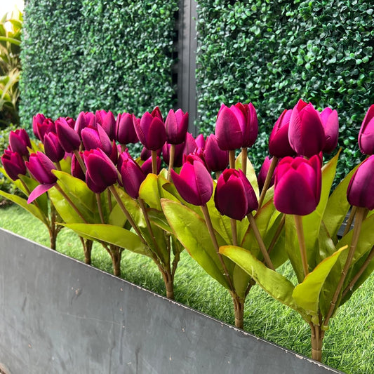 Artificial Fake Flowers for Spring Summer Outdoor Decoration,6 Bundles Realistic UV Resistant Silk Fabric Colorful Tulip Faux Plants for Outside Planter Home Porch Patio Decor(Pink Purple)