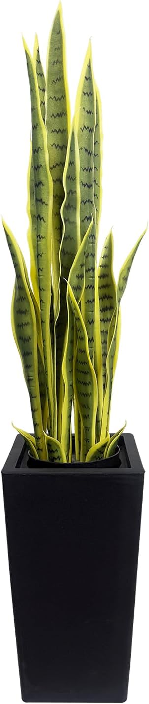 4FT- Artificial Snake Plant, 24 PVC Lifelike Leaves, 35in Faux Sansevieria for Indoor Home & Garden Decor, Tall Planter Potted Mother-in-Law's Tongue Plants, Yellow