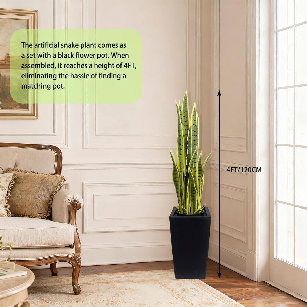4FT- Artificial Snake Plant, 24 PVC Lifelike Leaves, 35in Faux Sansevieria for Indoor Home & Garden Decor, Tall Planter Potted Mother-in-Law's Tongue Plants, Yellow