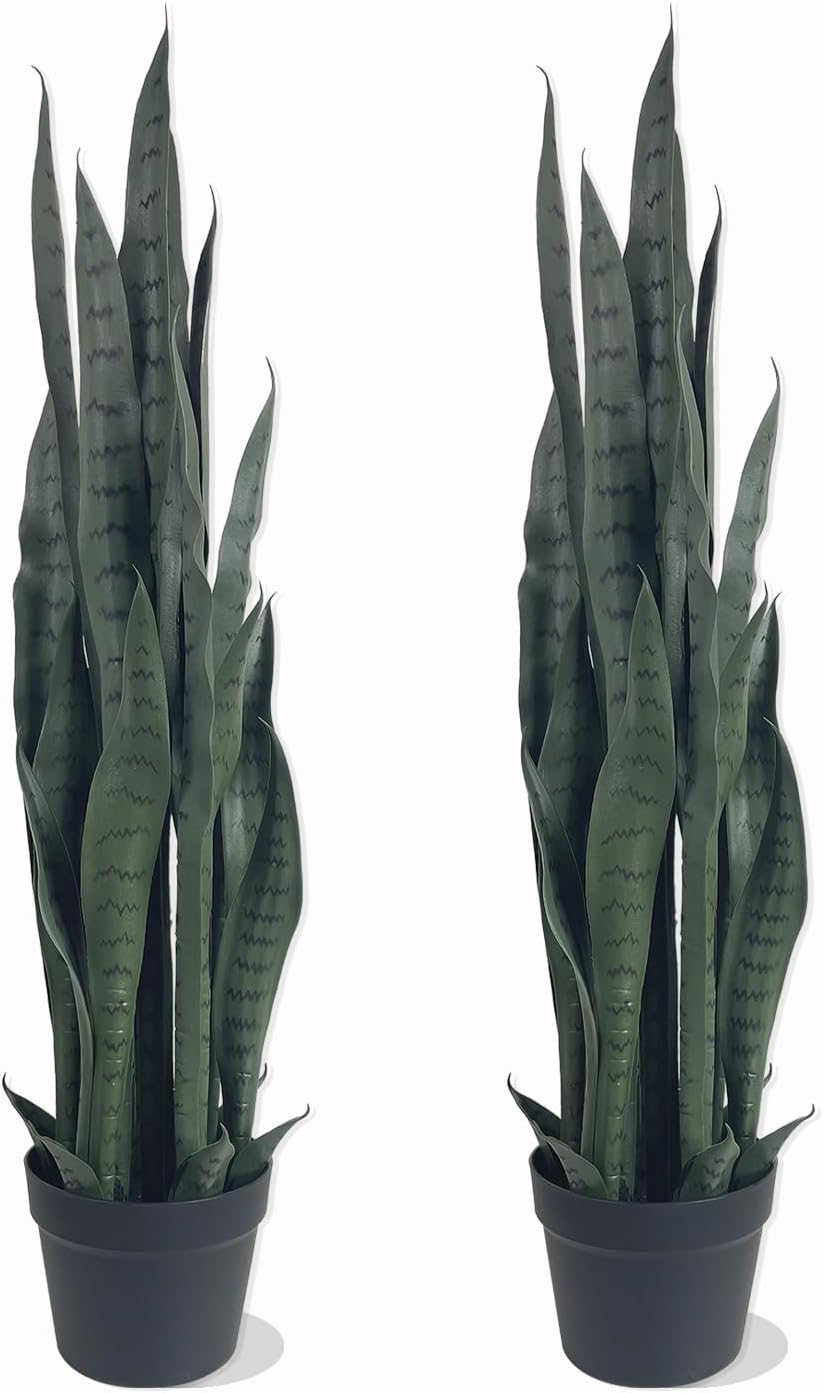 4FT- Artificial Snake Plant, 24 PVC Lifelike Leaves, 35in Faux Sansevieria for Indoor Home & Garden Decor, Tall Planter Potted Mother-in-Law's Tongue Plants, Yellow