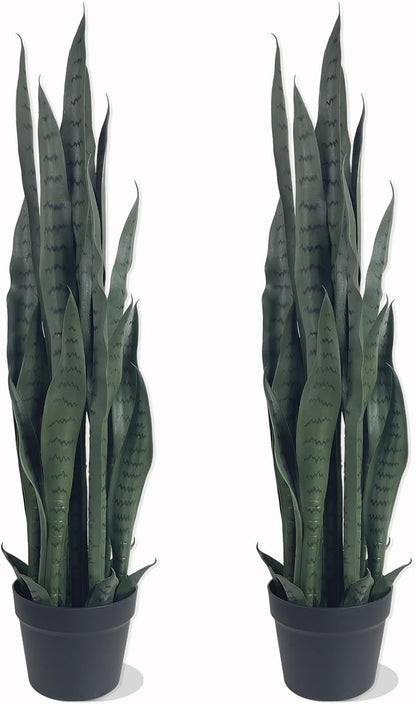 4FT- Artificial Snake Plant, 24 PVC Lifelike Leaves, 35in Faux Sansevieria for Indoor Home & Garden Decor, Tall Planter Potted Mother-in-Law's Tongue Plants, Yellow