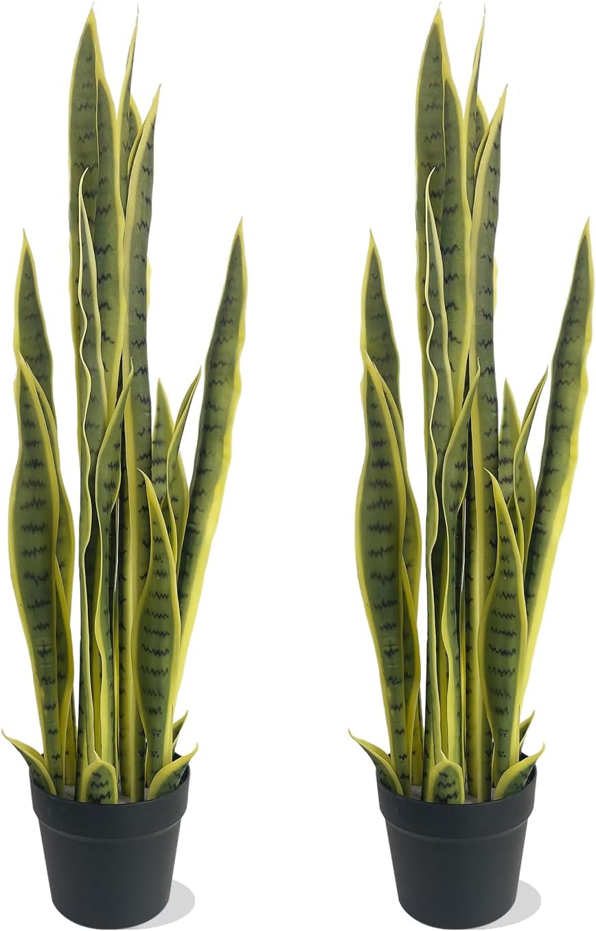 4FT- Artificial Snake Plant, 24 PVC Lifelike Leaves, 35in Faux Sansevieria for Indoor Home & Garden Decor, Tall Planter Potted Mother-in-Law's Tongue Plants, Yellow