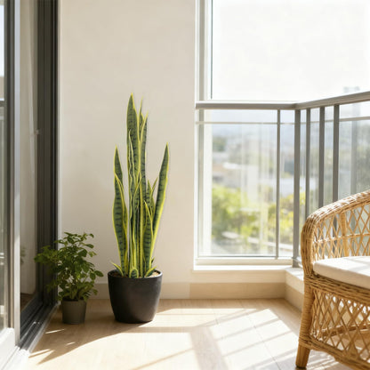 4FT- Artificial Snake Plant, 24 PVC Lifelike Leaves, 35in Faux Sansevieria for Indoor Home & Garden Decor, Tall Planter Potted Mother-in-Law's Tongue Plants, Yellow