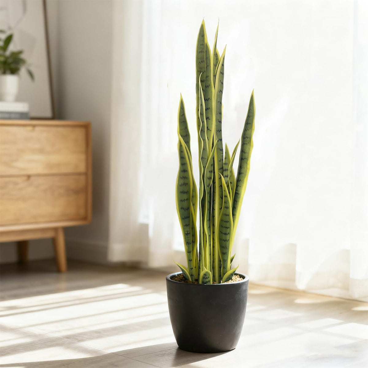 4FT- Artificial Snake Plant, 24 PVC Lifelike Leaves, 35in Faux Sansevieria for Indoor Home & Garden Decor, Tall Planter Potted Mother-in-Law's Tongue Plants, Yellow