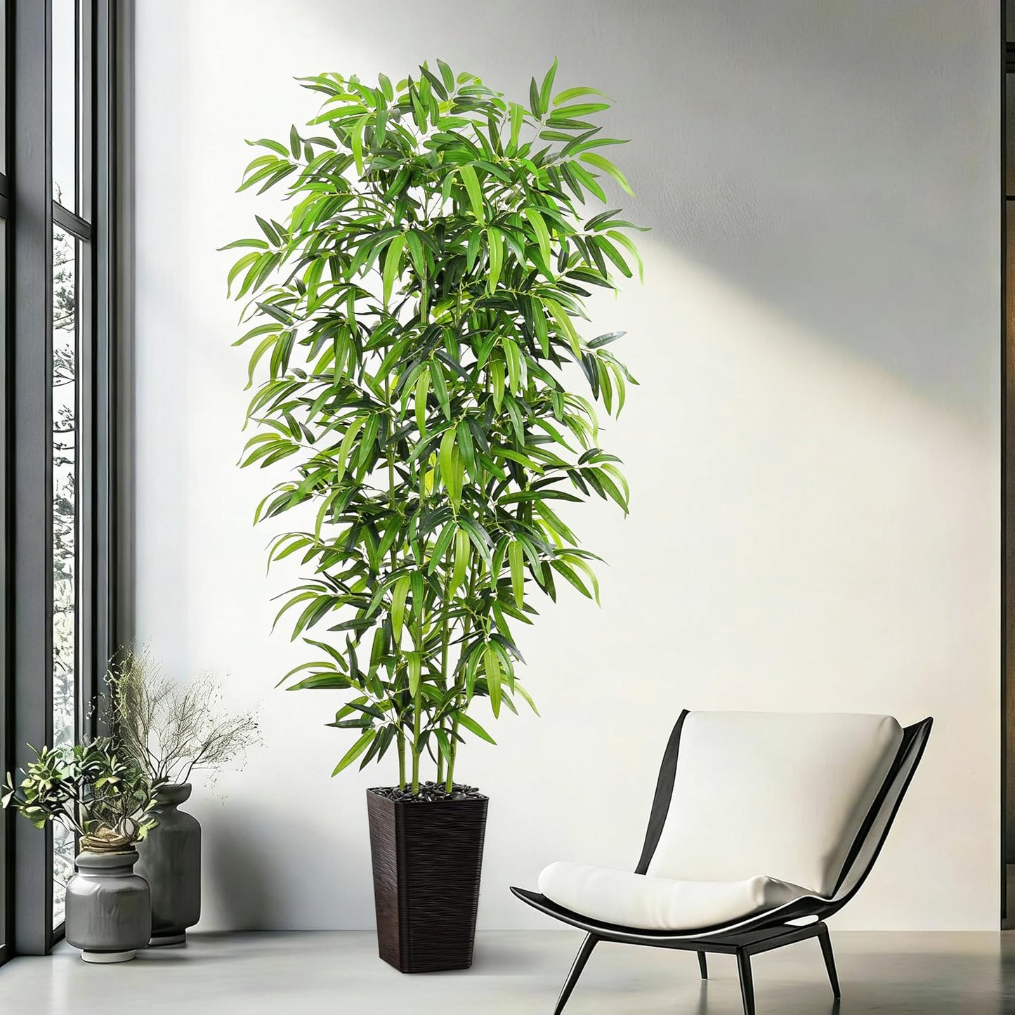 Artificial Bamboo Plants 5FT, Faux Tree Indoor with White Tall Planter | Tall Fake Bamboo Trees, Large Artificial Nandina Tree, Lifelike Greenery for Living Room Bedroom Home Office Patio Decor