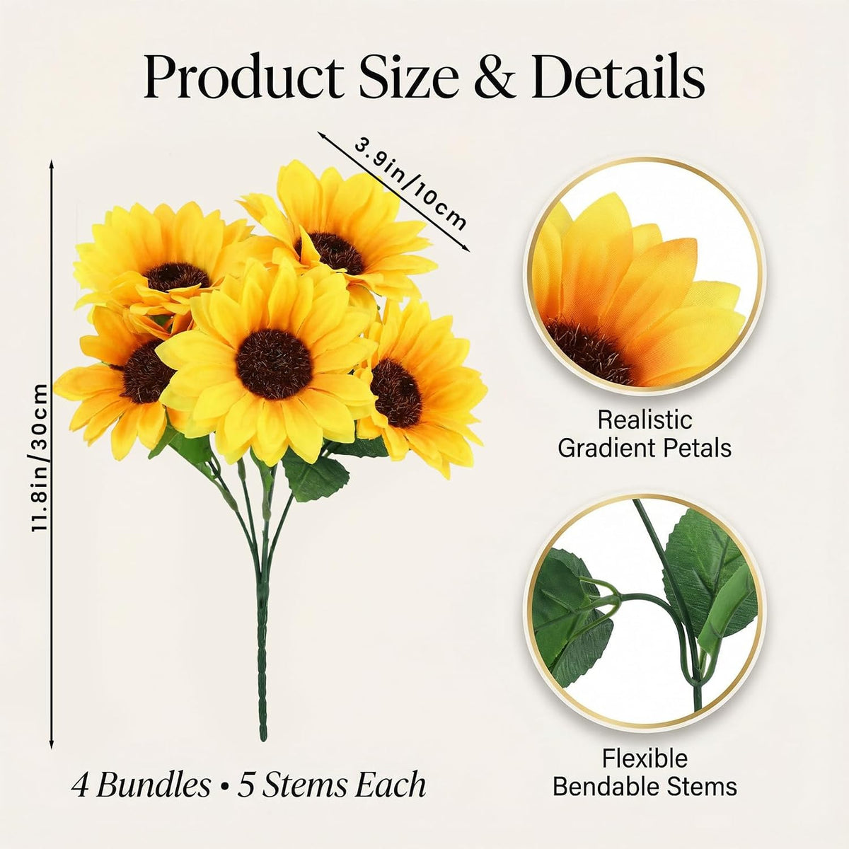 Artificial Sunflowers, Fake Sunflowers Artificial Flowers for Vase, Fall Silk Flowers with Stems for Kitchen Bouquet Wedding Table Home Porch Garden Indoor Outdoor Decor (4 Bundles Total 20 Heads)