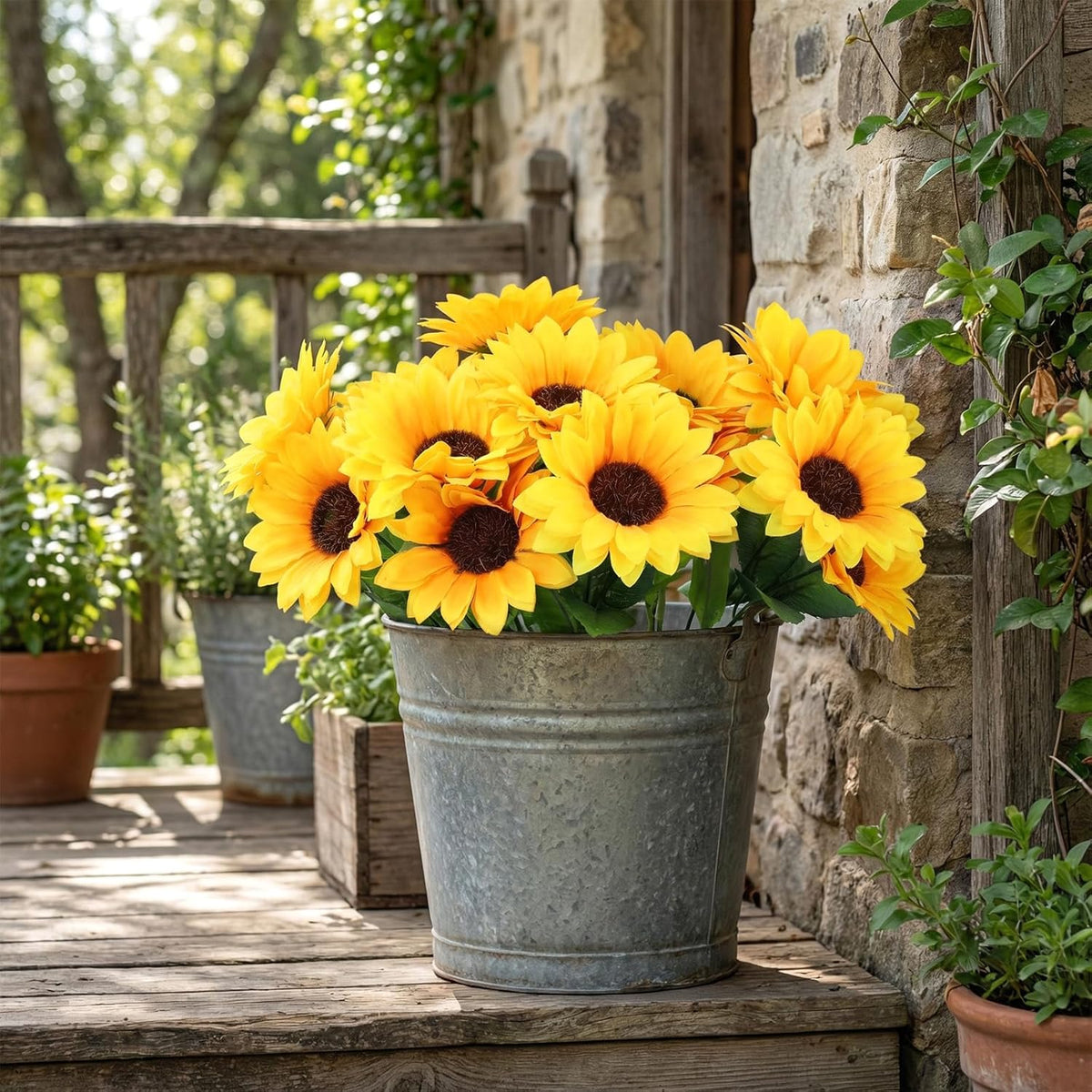 Artificial Sunflowers, Fake Sunflowers Artificial Flowers for Vase, Fall Silk Flowers with Stems for Kitchen Bouquet Wedding Table Home Porch Garden Indoor Outdoor Decor (4 Bundles Total 20 Heads)
