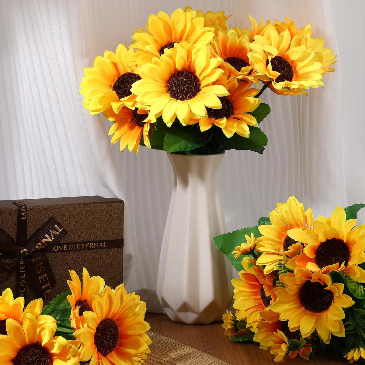 Artificial Sunflowers, Fake Sunflowers Artificial Flowers for Vase, Fall Silk Flowers with Stems for Kitchen Bouquet Wedding Table Home Porch Garden Indoor Outdoor Decor (4 Bundles Total 20 Heads)