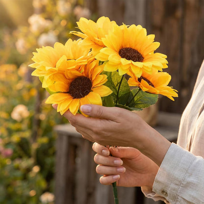 Artificial Sunflowers, Fake Sunflowers Artificial Flowers for Vase, Fall Silk Flowers with Stems for Kitchen Bouquet Wedding Table Home Porch Garden Indoor Outdoor Decor (4 Bundles Total 20 Heads)