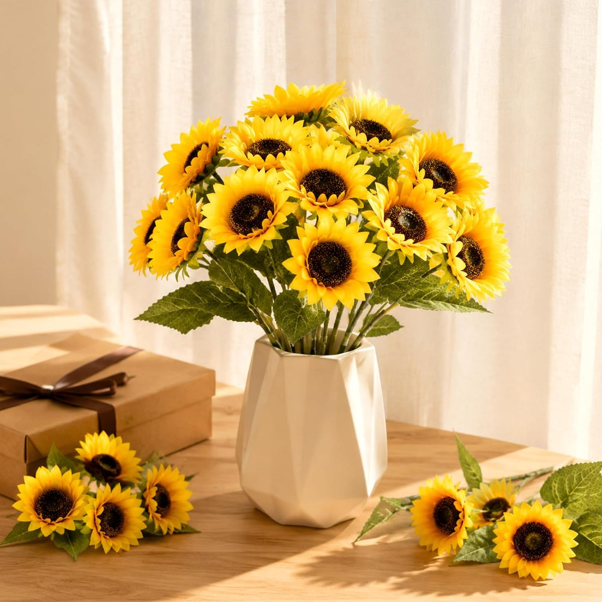 Artificial Sunflowers, Fake Sunflowers Artificial Flowers for Vase, Fall Silk Flowers with Stems for Kitchen Bouquet Wedding Table Home Porch Garden Indoor Outdoor Decor (4 Bundles Total 20 Heads)
