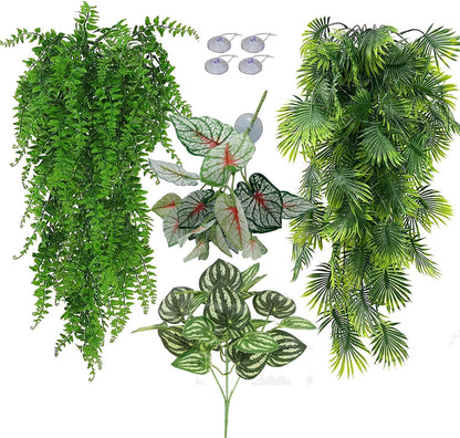 Reptile Plants for Bearded Dragon Tank Accessories, Terrarium Plant Artificial Decor for Snake Cage, Fake Plant for Leopard Gecko Habitat, Lizard Chameleon Ball Pythons (Group BN)