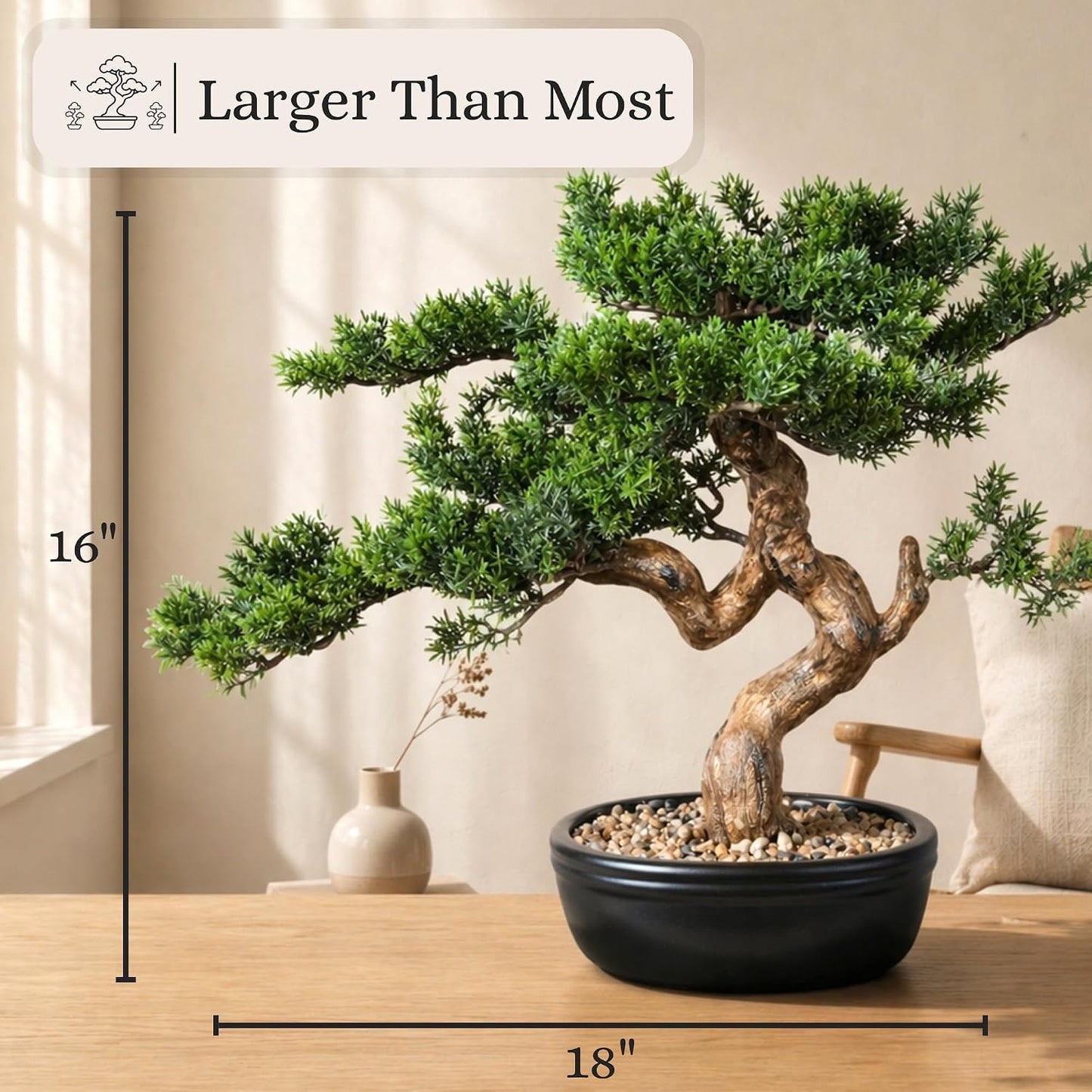 Artificial Bonsai Tree 16" Tall with Realistic Wood and Ceramic Pot, Fake Plants for Home, Bedroom and Office Desk, Japanese Decor