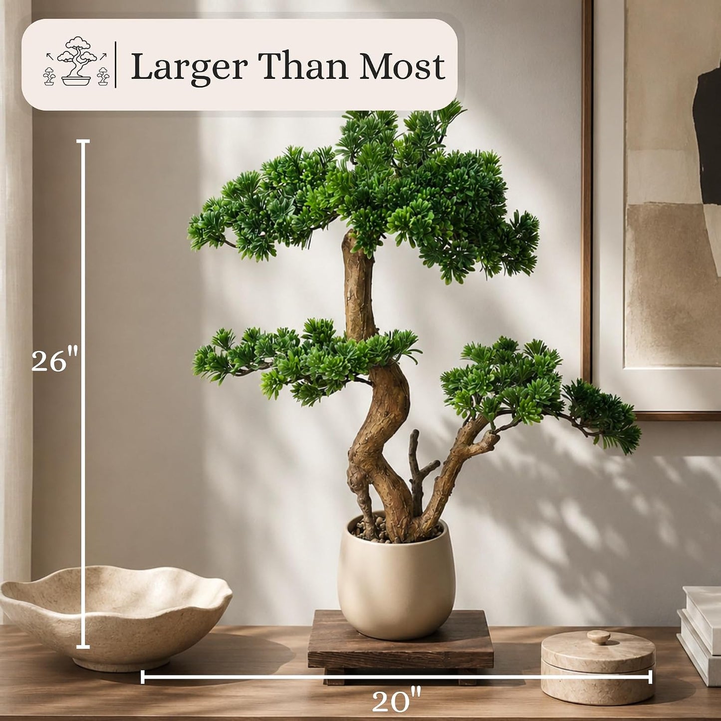 Artificial Bonsai Tree 16" Tall with Realistic Wood and Ceramic Pot, Fake Plants for Home, Bedroom and Office Desk, Japanese Decor